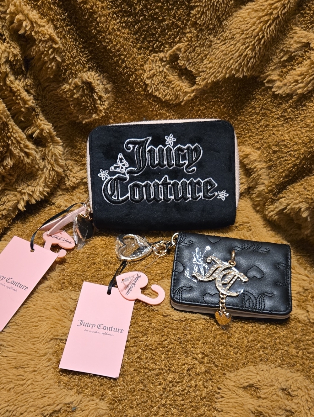 Juicy Couture Black Velvet Zip Wallet and Quilted Card Case with Gold Charms